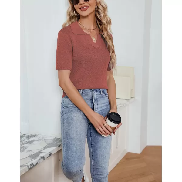 imagechouyatou Womens Spring Summer Short Sleeve Sweater Business Casual Top Blouse Polo TShirtRust Red