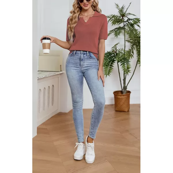 imagechouyatou Womens Spring Summer Short Sleeve Sweater Business Casual Top Blouse Polo TShirtRust Red