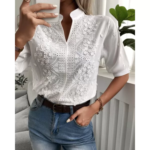 imagechouyatou Womens Stand Collar V Neck Crochet Eyelet Lace Babydoll Blouse Shirts TopsWhite
