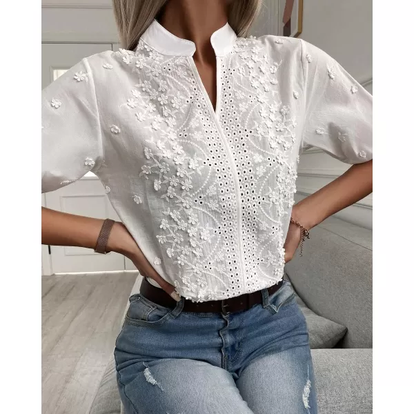 imagechouyatou Womens Stand Collar V Neck Crochet Eyelet Lace Babydoll Blouse Shirts TopsWhite