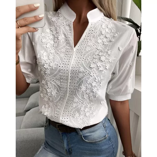imagechouyatou Womens Stand Collar V Neck Crochet Eyelet Lace Babydoll Blouse Shirts TopsWhite