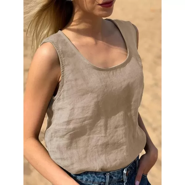 imagechouyatou Womens Summer Cotton Linen Tank Tops Work Casual Scoop Neck Sleeveless Tunic Shirts TopsApricot