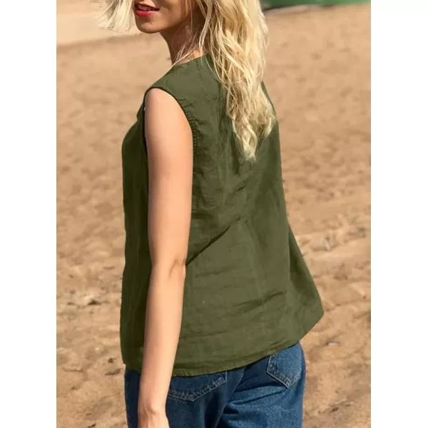imagechouyatou Womens Summer Cotton Linen Tank Tops Work Casual Scoop Neck Sleeveless Tunic Shirts TopsArmy Green
