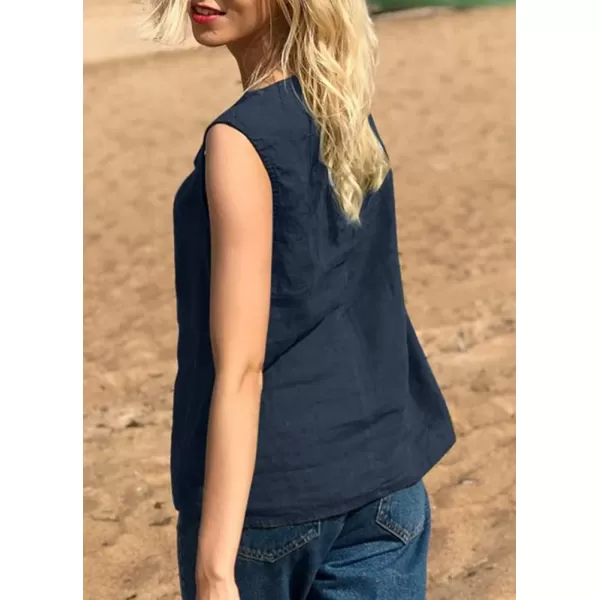 imagechouyatou Womens Summer Cotton Linen Tank Tops Work Casual Scoop Neck Sleeveless Tunic Shirts TopsDark Blue