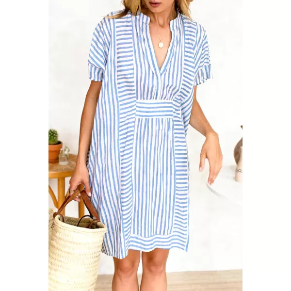 imagechouyatou Womens Summer Loose Stripe Beach Dress Cover Ups Casual Batwing Sleeve Midi Tunic Shirt DressBlue