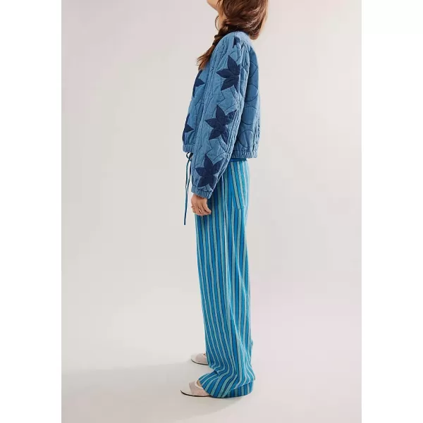 imagechouyatou Womens Vertical Striped Wide Leg Pants Drawstring Elastic Waist Palazzo Pants with PocketsBlue