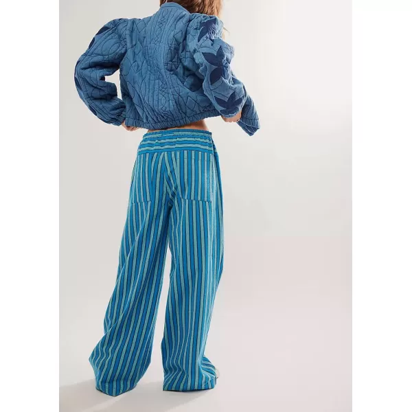 imagechouyatou Womens Vertical Striped Wide Leg Pants Drawstring Elastic Waist Palazzo Pants with PocketsBlue
