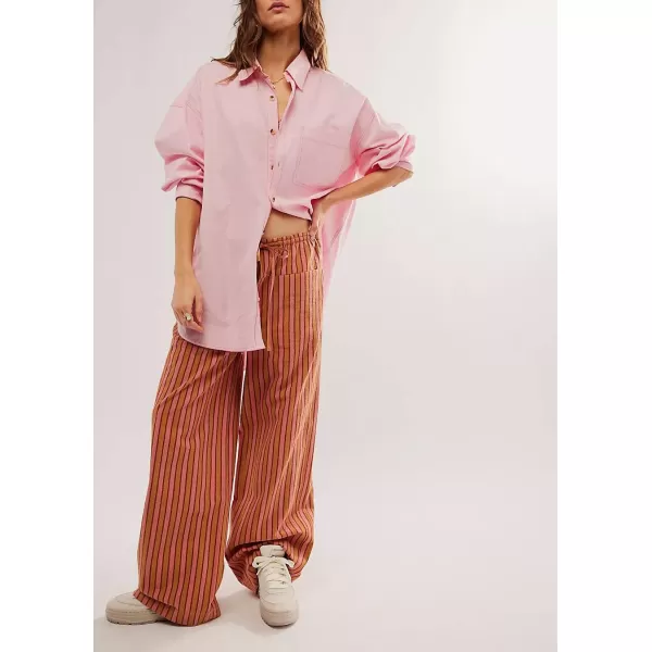 imagechouyatou Womens Vertical Striped Wide Leg Pants Drawstring Elastic Waist Palazzo Pants with PocketsBrown
