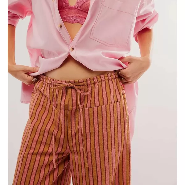 imagechouyatou Womens Vertical Striped Wide Leg Pants Drawstring Elastic Waist Palazzo Pants with PocketsBrown