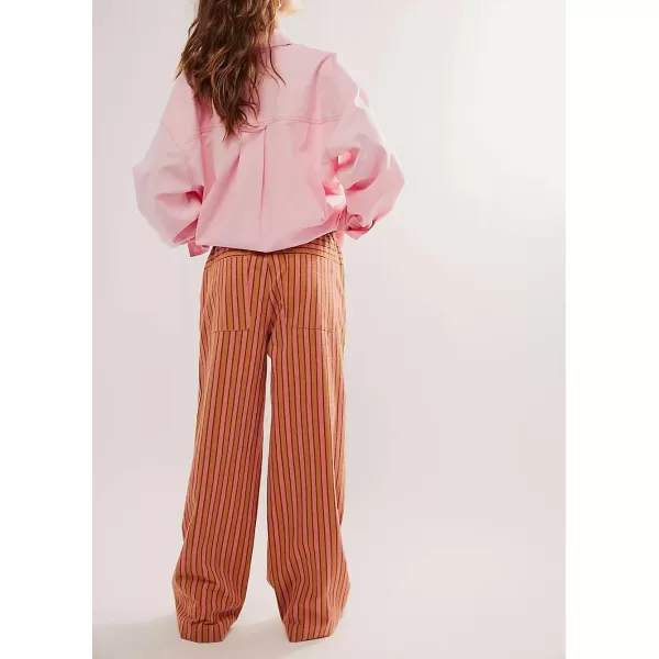 imagechouyatou Womens Vertical Striped Wide Leg Pants Drawstring Elastic Waist Palazzo Pants with PocketsBrown
