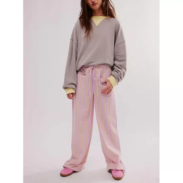 imagechouyatou Womens Vertical Striped Wide Leg Pants Drawstring Elastic Waist Palazzo Pants with PocketsPink