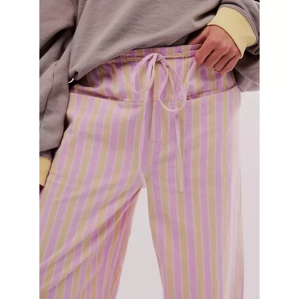 imagechouyatou Womens Vertical Striped Wide Leg Pants Drawstring Elastic Waist Palazzo Pants with PocketsPink