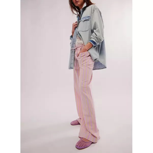 imagechouyatou Womens Vertical Striped Wide Leg Pants Drawstring Elastic Waist Palazzo Pants with PocketsPink