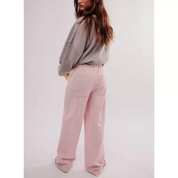 imagechouyatou Womens Vertical Striped Wide Leg Pants Drawstring Elastic Waist Palazzo Pants with PocketsPink