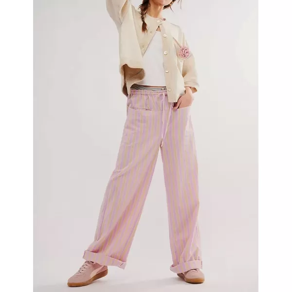 imagechouyatou Womens Vertical Striped Wide Leg Pants Drawstring Elastic Waist Palazzo Pants with PocketsPink