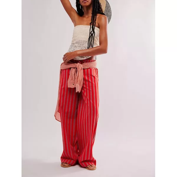 imagechouyatou Womens Vertical Striped Wide Leg Pants Drawstring Elastic Waist Palazzo Pants with PocketsRed