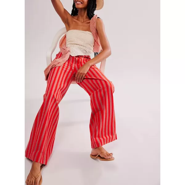 imagechouyatou Womens Vertical Striped Wide Leg Pants Drawstring Elastic Waist Palazzo Pants with PocketsRed
