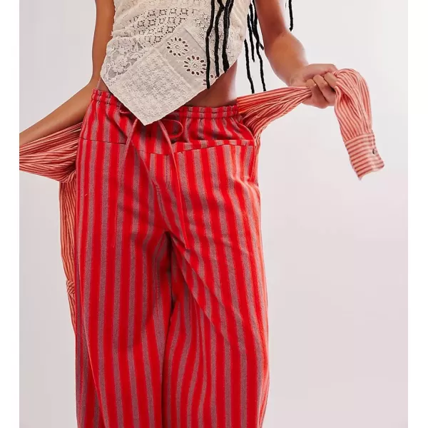 imagechouyatou Womens Vertical Striped Wide Leg Pants Drawstring Elastic Waist Palazzo Pants with PocketsRed