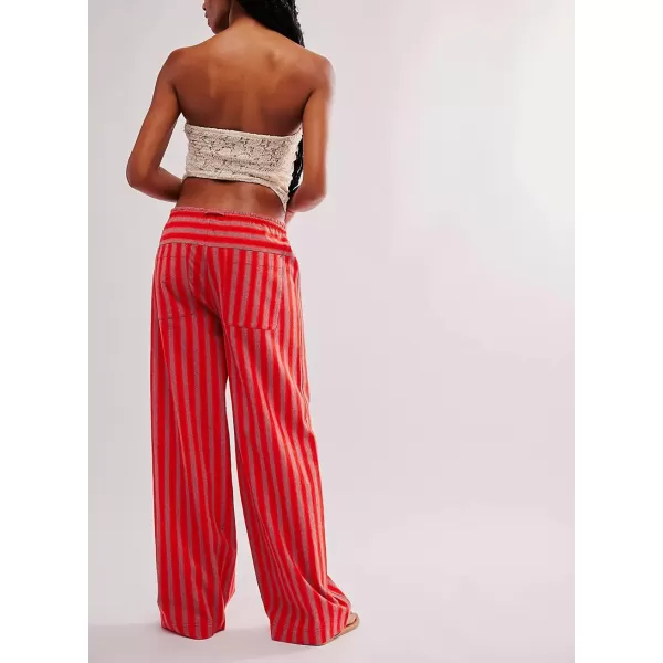 imagechouyatou Womens Vertical Striped Wide Leg Pants Drawstring Elastic Waist Palazzo Pants with PocketsRed