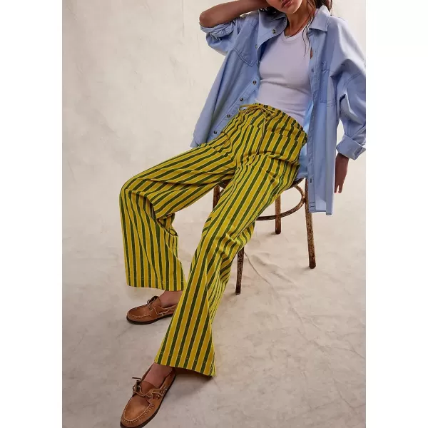 imagechouyatou Womens Vertical Striped Wide Leg Pants Drawstring Elastic Waist Palazzo Pants with PocketsYellow