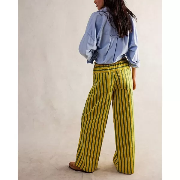 imagechouyatou Womens Vertical Striped Wide Leg Pants Drawstring Elastic Waist Palazzo Pants with PocketsYellow
