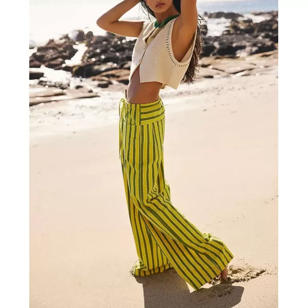 imagechouyatou Womens Vertical Striped Wide Leg Pants Drawstring Elastic Waist Palazzo Pants with PocketsYellow