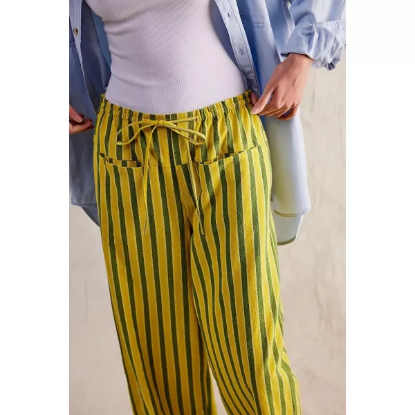 imagechouyatou Womens Vertical Striped Wide Leg Pants Drawstring Elastic Waist Palazzo Pants with PocketsYellow