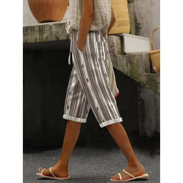 imagechouyatou Womens Vintage 90s Striped Pattern High Elastic Waisted Wide Leg Cropped Capri Pants with PocketsCoffee