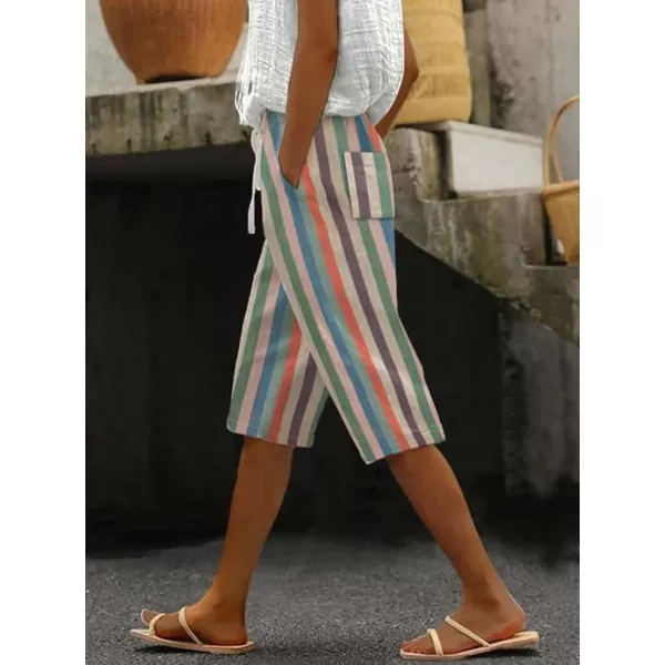 imagechouyatou Womens Vintage 90s Striped Pattern High Elastic Waisted Wide Leg Cropped Capri Pants with PocketsGreen