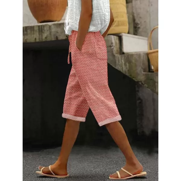 imagechouyatou Womens Vintage 90s Striped Pattern High Elastic Waisted Wide Leg Cropped Capri Pants with PocketsRed