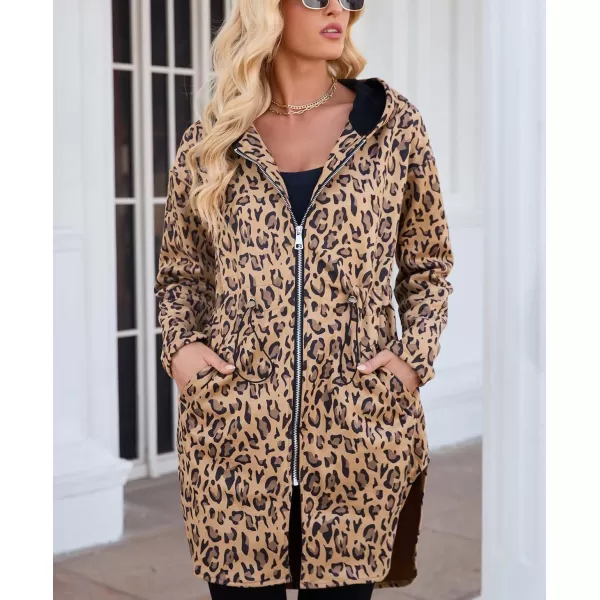 imagechouyatou Womens Vintage Leopard Pattern Zip Up Hooded Faux Suede Leather Jacket Trench Coat with PocketsLeopard Brown