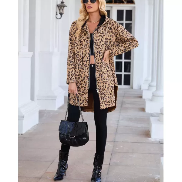imagechouyatou Womens Vintage Leopard Pattern Zip Up Hooded Faux Suede Leather Jacket Trench Coat with PocketsLeopard Brown
