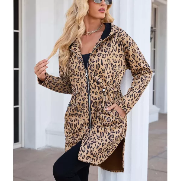 imagechouyatou Womens Vintage Leopard Pattern Zip Up Hooded Faux Suede Leather Jacket Trench Coat with PocketsLeopard Brown