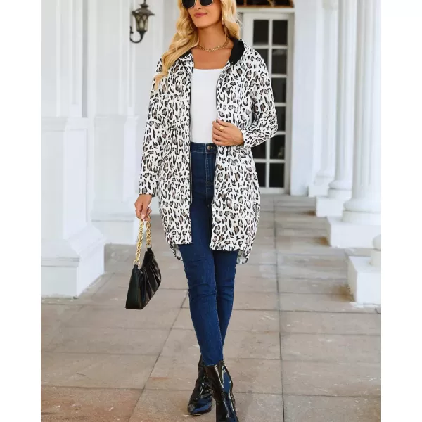 imagechouyatou Womens Vintage Leopard Pattern Zip Up Hooded Faux Suede Leather Jacket Trench Coat with PocketsLeopard White