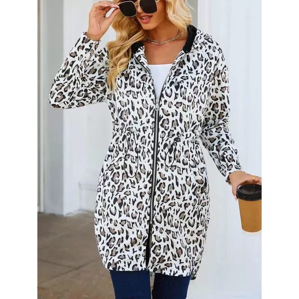 imagechouyatou Womens Vintage Leopard Pattern Zip Up Hooded Faux Suede Leather Jacket Trench Coat with PocketsLeopard White