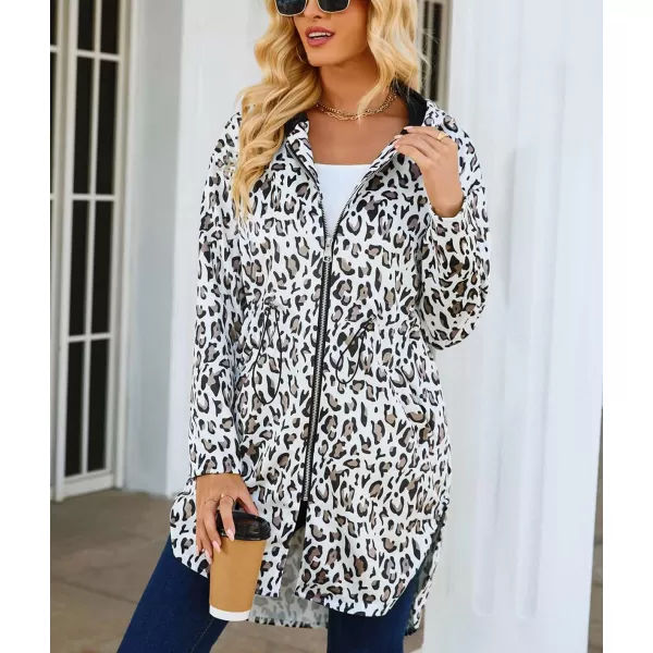 imagechouyatou Womens Vintage Leopard Pattern Zip Up Hooded Faux Suede Leather Jacket Trench Coat with PocketsLeopard White