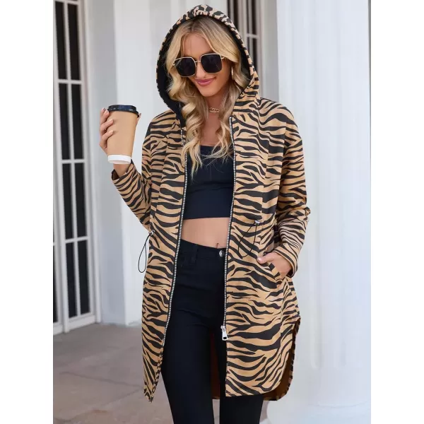 imagechouyatou Womens Vintage Leopard Pattern Zip Up Hooded Faux Suede Leather Jacket Trench Coat with PocketsZebra Brown
