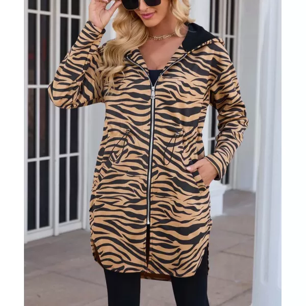 imagechouyatou Womens Vintage Leopard Pattern Zip Up Hooded Faux Suede Leather Jacket Trench Coat with PocketsZebra Brown