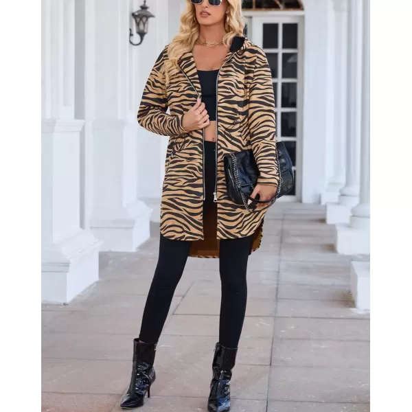 imagechouyatou Womens Vintage Leopard Pattern Zip Up Hooded Faux Suede Leather Jacket Trench Coat with PocketsZebra Brown
