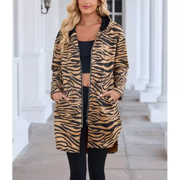imagechouyatou Womens Vintage Leopard Pattern Zip Up Hooded Faux Suede Leather Jacket Trench Coat with PocketsZebra Brown