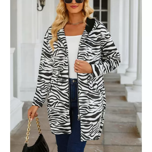 imagechouyatou Womens Vintage Leopard Pattern Zip Up Hooded Faux Suede Leather Jacket Trench Coat with PocketsZebra White