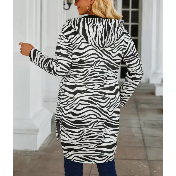 imagechouyatou Womens Vintage Leopard Pattern Zip Up Hooded Faux Suede Leather Jacket Trench Coat with PocketsZebra White