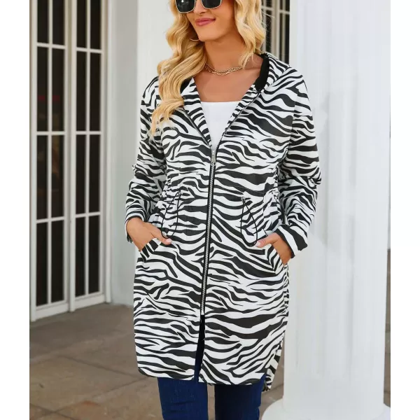 imagechouyatou Womens Vintage Leopard Pattern Zip Up Hooded Faux Suede Leather Jacket Trench Coat with PocketsZebra White