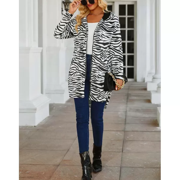 imagechouyatou Womens Vintage Leopard Pattern Zip Up Hooded Faux Suede Leather Jacket Trench Coat with PocketsZebra White
