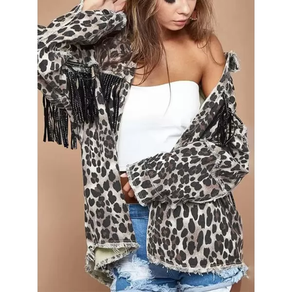 imagechouyatou Womens Washed Leopard Print Jean Jacket Fringe Button Down Denim Shacket JacketLeopard