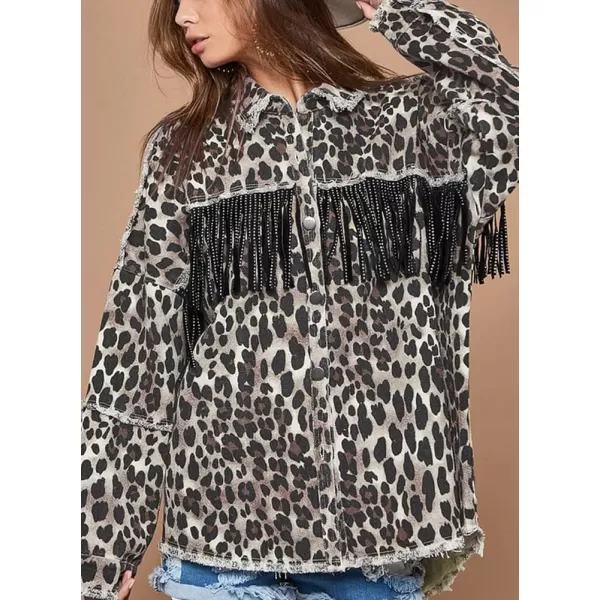 imagechouyatou Womens Washed Leopard Print Jean Jacket Fringe Button Down Denim Shacket JacketLeopard