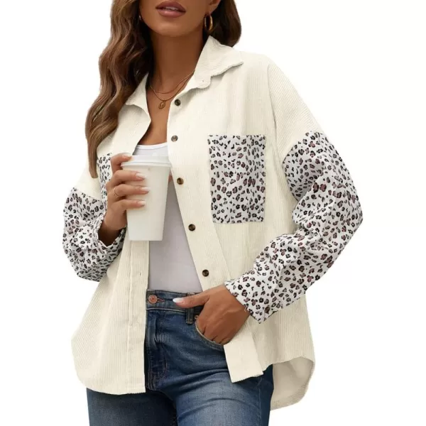 imagechouyatou Fall Fashion Blouses Tops for Women 2021 Contrast Leopard Corduroy Button Loose Oversized Batwing Shirt ShacketApricot
