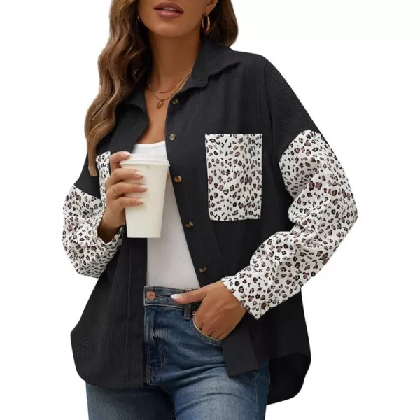 imagechouyatou Fall Fashion Blouses Tops for Women 2021 Contrast Leopard Corduroy Button Loose Oversized Batwing Shirt ShacketBlack