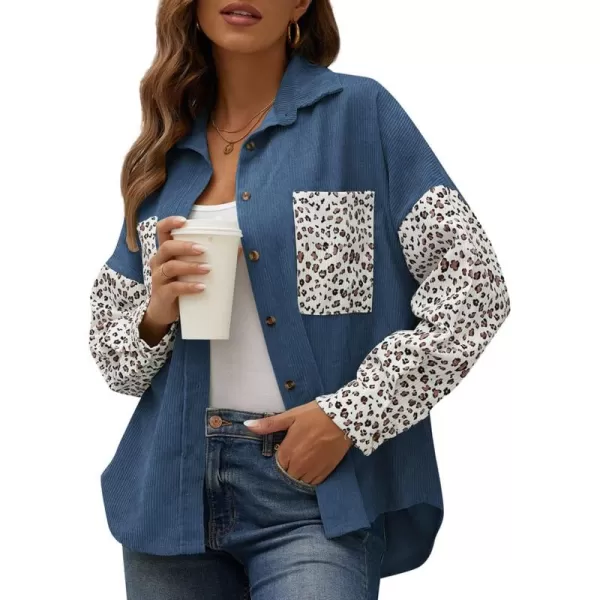 imagechouyatou Fall Fashion Blouses Tops for Women 2021 Contrast Leopard Corduroy Button Loose Oversized Batwing Shirt ShacketBlue