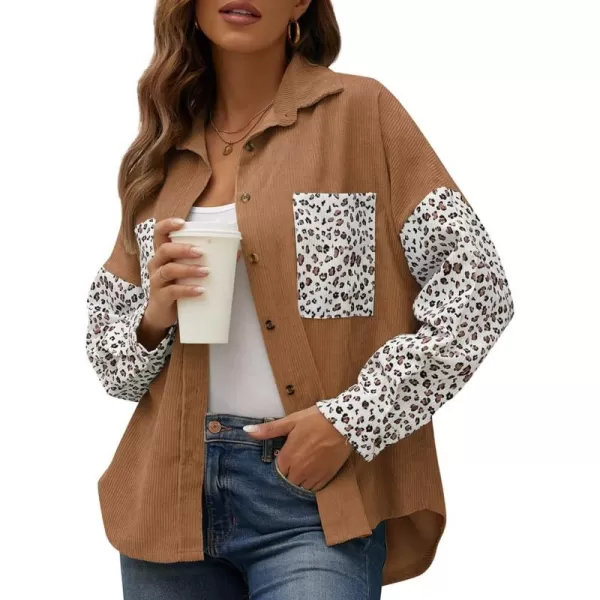 imagechouyatou Fall Fashion Blouses Tops for Women 2021 Contrast Leopard Corduroy Button Loose Oversized Batwing Shirt ShacketCamel